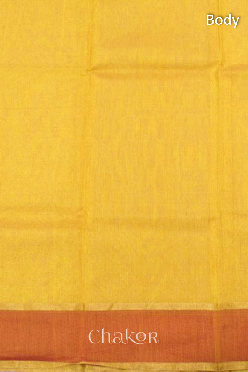 Chakor's Yellow Handlom Silk Cotton Saree with woven rust border and tissue pallu.