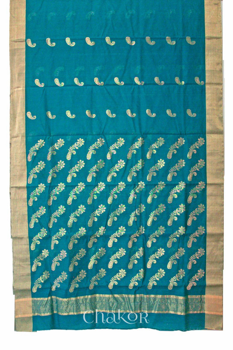 Chakor's Peacock Blue Handloom Silk Cotton Saree with woven pailsey buttis in zari.