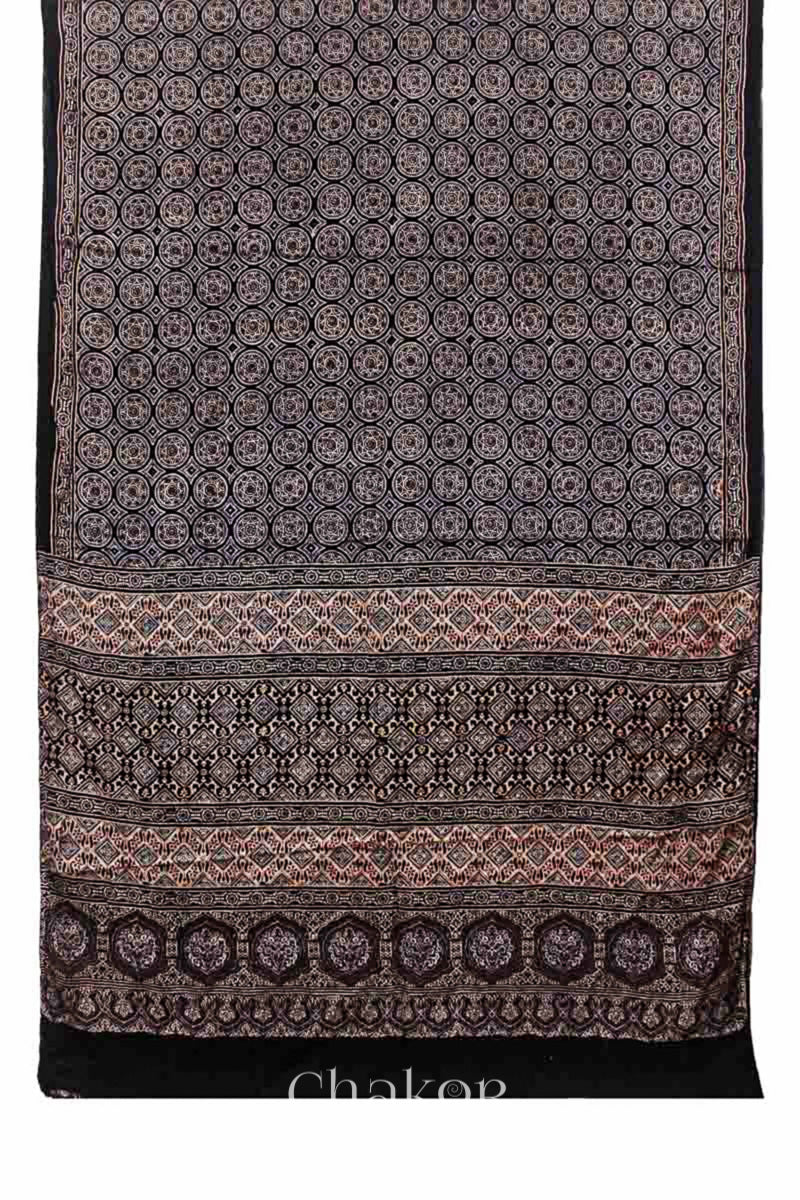 Full view of Natural Dyed Black Ajrakh Printed Modal Cotton Saree Handcrafted in Kutch.
