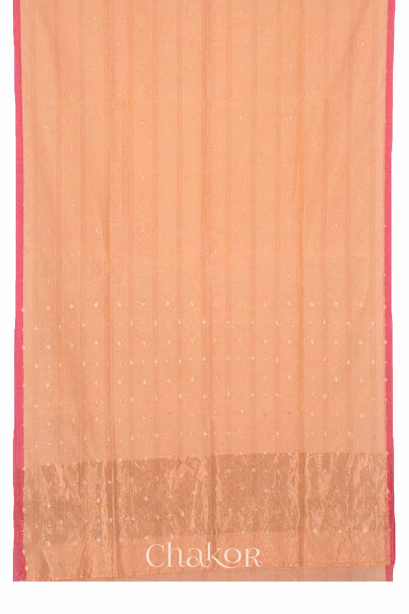 Chakor's Peach Handloom Silk Cotton Saree with woven fine zari stripes and embroidery.