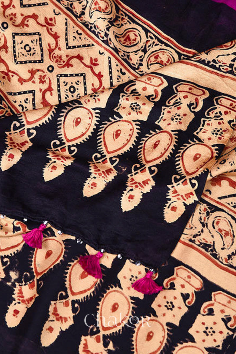 Pink Black Bandhani Ajrakh Silk Dupatta