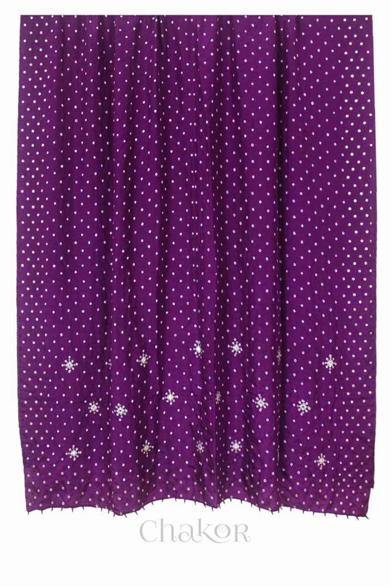 Full view Wine Bandhani Mulberry Silk Dupatta featuring sequin and zari embroidery.