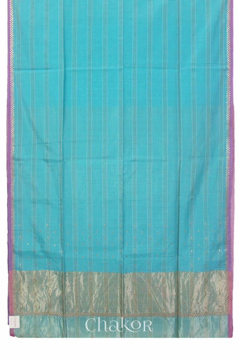 Chakor's Blue Handloom Silk Cotton Saree with woven fine zari stripes and embroidery.