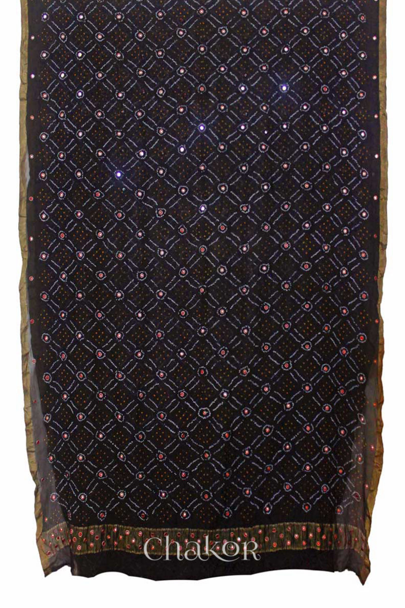 Chakor's traditional Black bandhani pure georgette silk saree with embroidery.