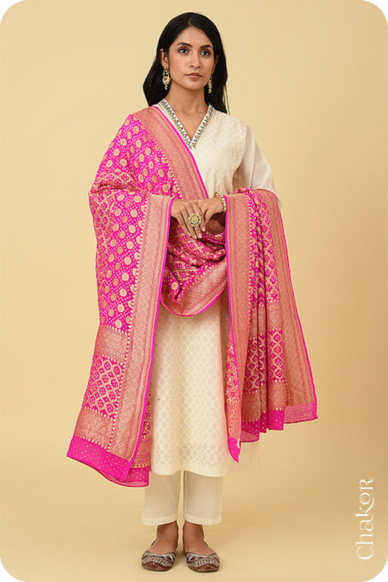 Shop Handcrafted Pink Banarasi Silk Bandhani Dupatta For Women 1900275 thechakorshop