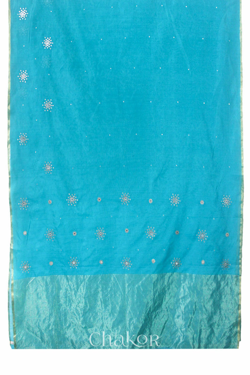 Chakor's Peacock Blue Handloom Silk Cotton Saree with woven tissue pallu & delicate sequin work buttis.