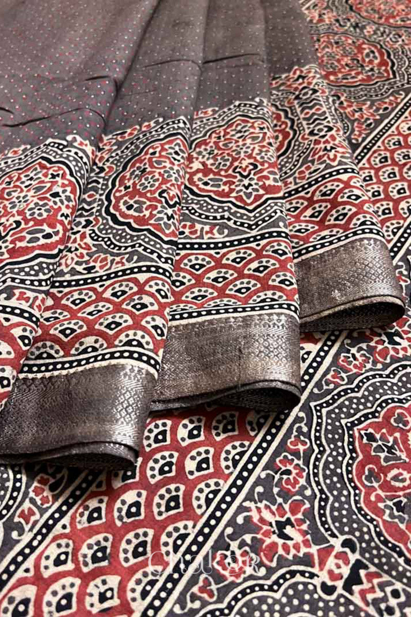 Chakor's Natural Dyed Brown Ajrakh Mangalgiri Cotton Saree.