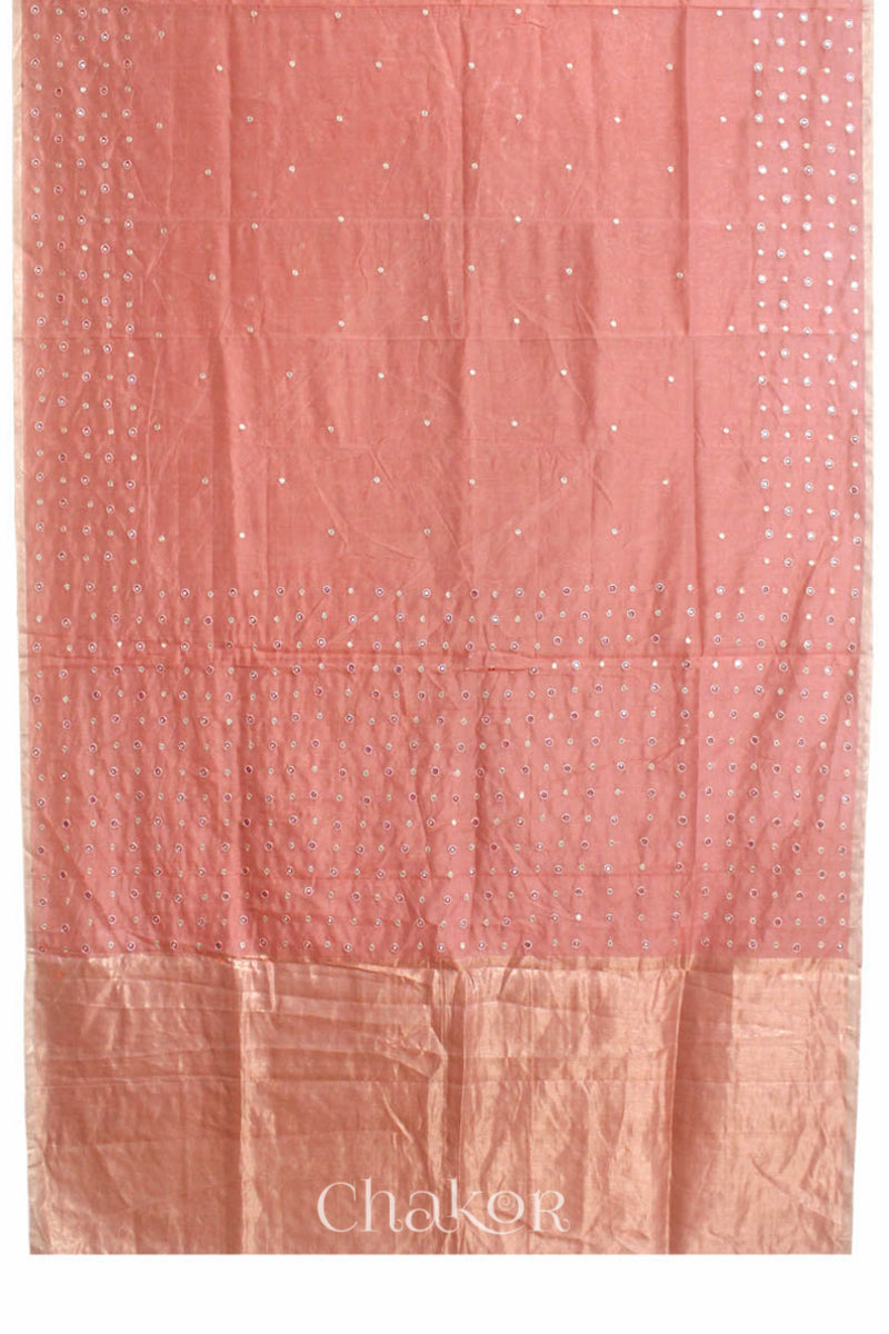 Chakor's Rust Handloom Silk Cotton Saree with woven tissue pallu & delicate mirror & sequin work buttis.