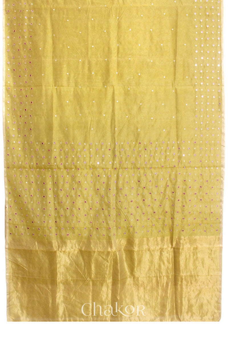 Chakor's Mustard Handloom Silk Cotton Saree with woven tissue pallu & delicate mirror & sequin work buttis.