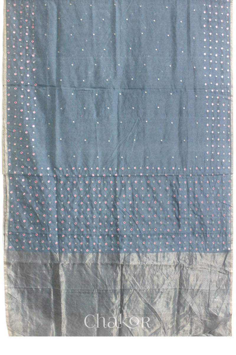 Chakor's Grey Handloom Silk Cotton Saree with woven tissue pallu & delicate mirror & sequin work buttis.