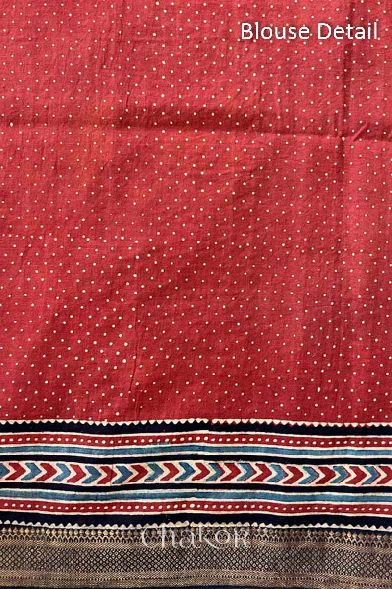 Blouse Material of Chakor's Natural Dyed Madder Red Black Ajrakh Printed Mangalgiri Cotton Handloom Saree.
