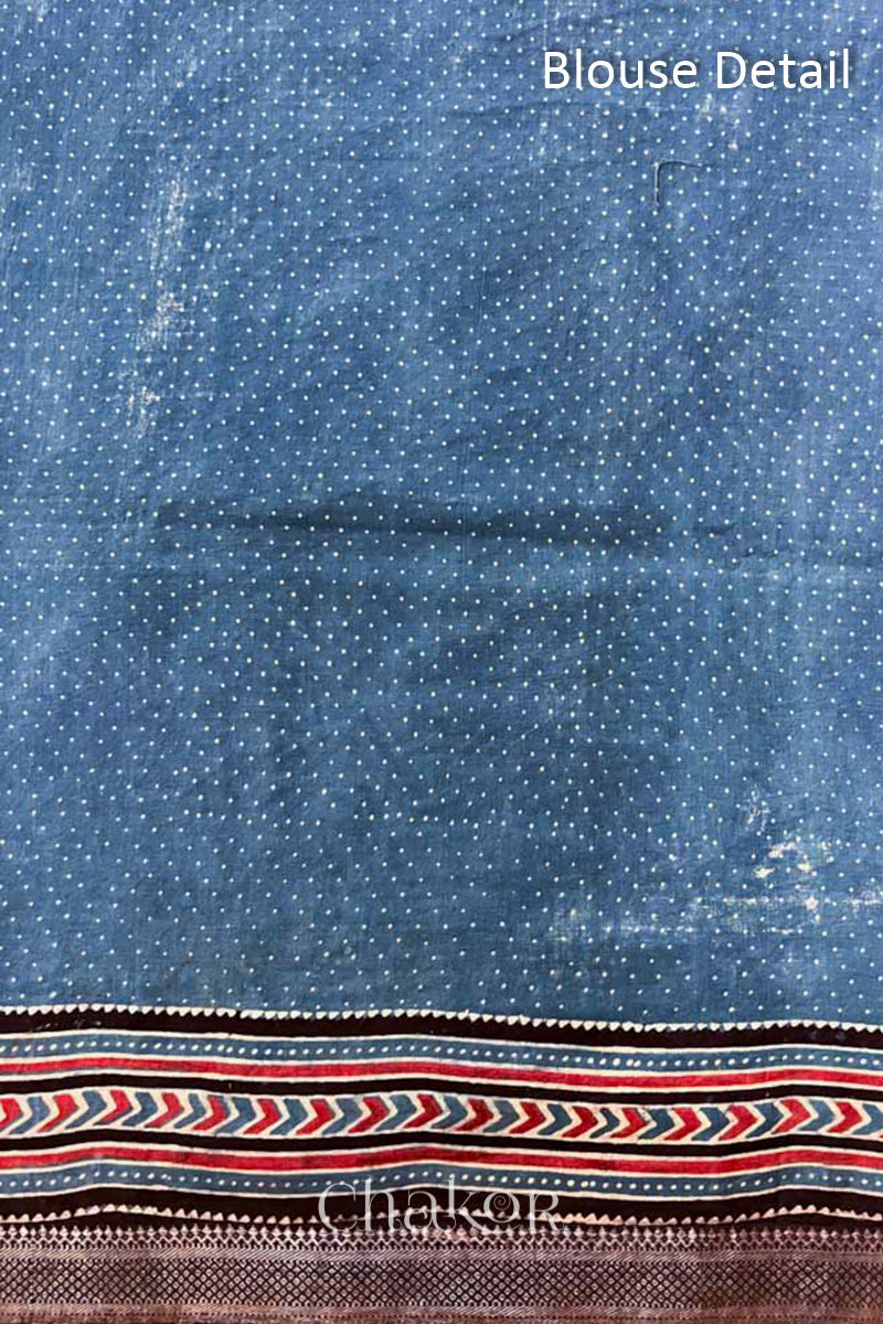 Blouse detail of Chakor's Natural Dyed Indigo Black Ajrakh Printed Mangalgiri Cotton Handloom Saree.