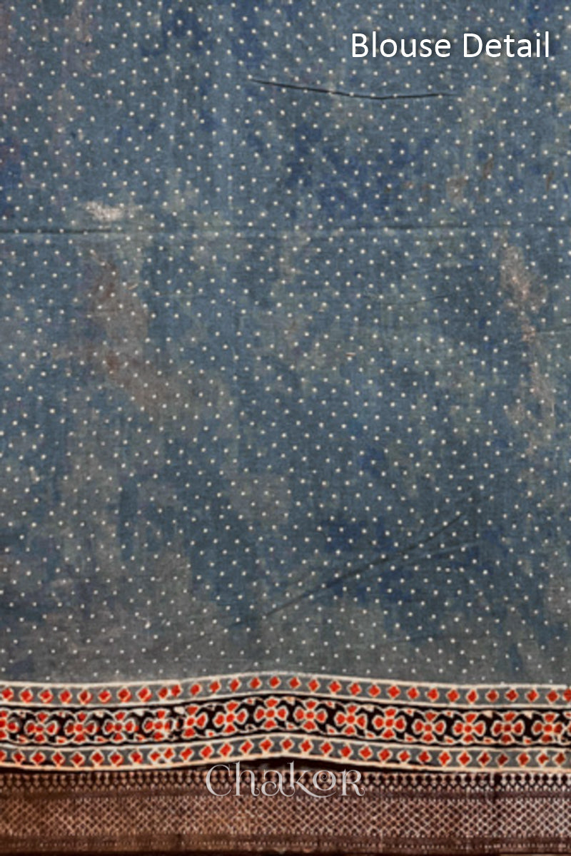 Unstitched Blouse Material of Close up of Chakor's Natural Dyed Indigo Ajrakh Printed Mangalgiri Cotton Handloom Saree.