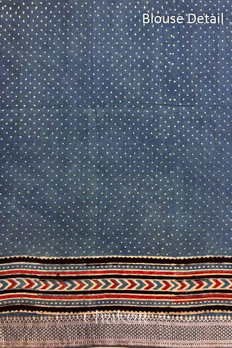 Unstitched Blouse Material of Chakor's Natural Dyed Black and Indigo Ajrakh Printed Mangalgiri Cotton Handloom Saree.