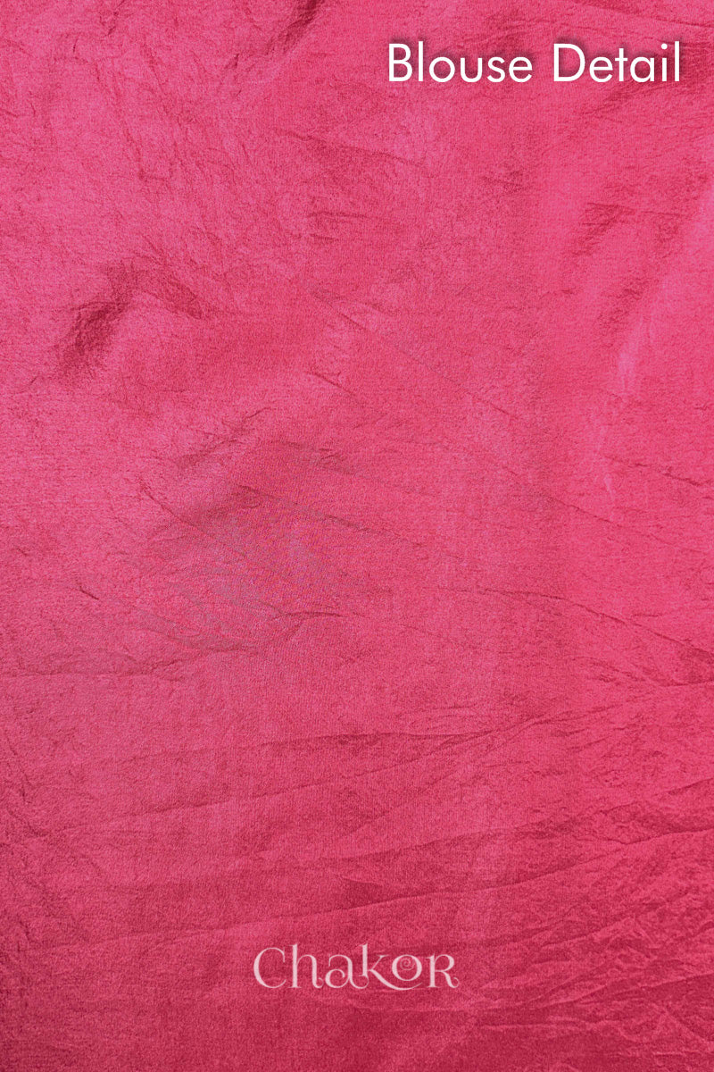 Blouse detail of Strawberry Pink Bandhani Mulberry Silk Saree with mirror embroidery.