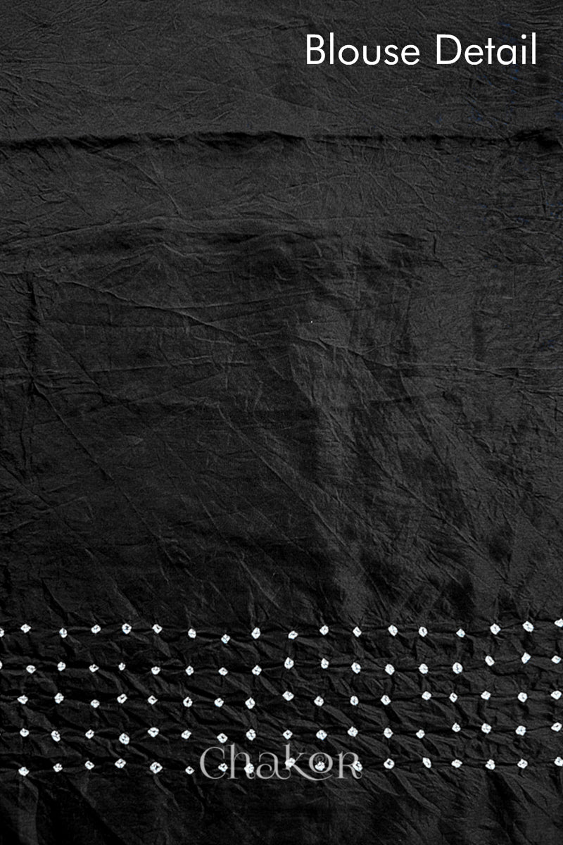 Blouse detail of Black Bandhani Mulberry Silk Saree with sequins embroidery.