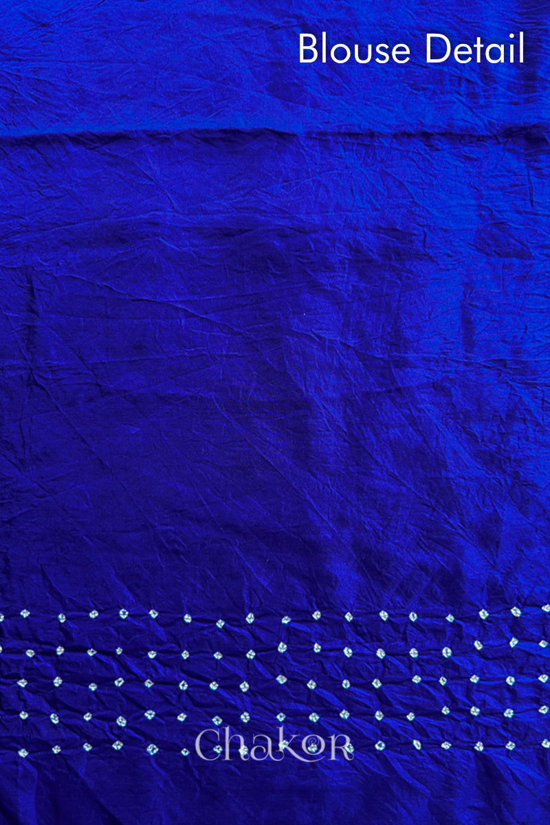 Blouse detail of Blue Bandhani Mulberry Silk Saree with sequins embroidery.