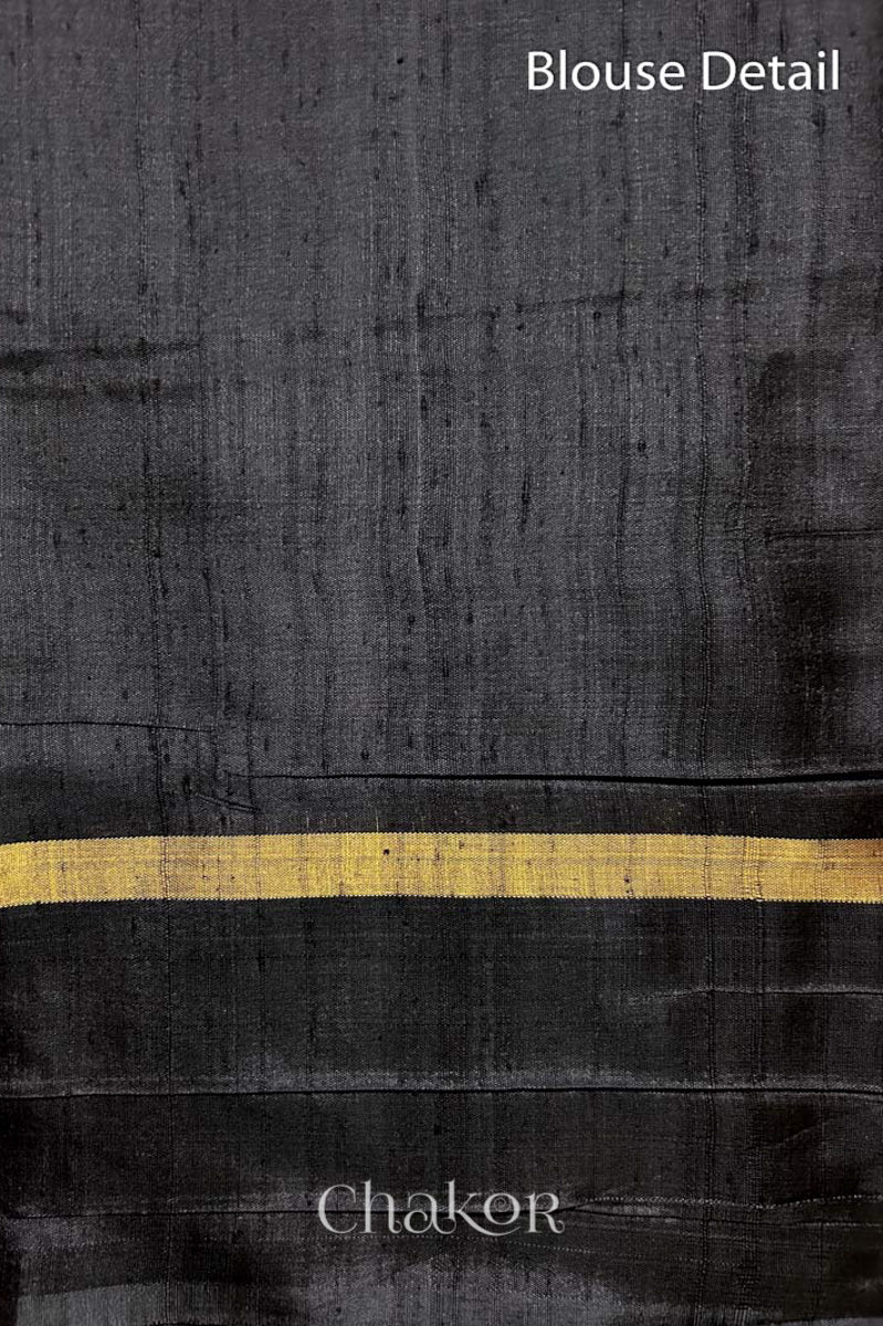 Pink Black Tussar Raw Silk Saree