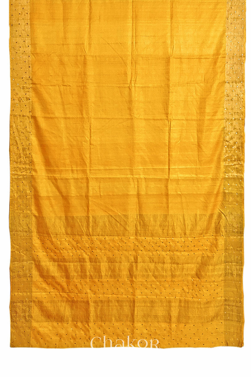Yellow tussar silk handloom saree with golden zari border & hand embroidered with sequins & zari work
