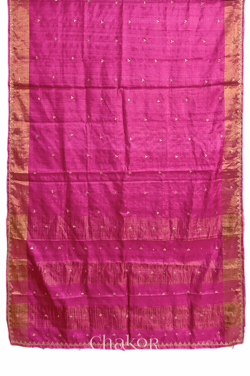 Pink tussar silk handloom saree with golden zari border & hand embroidered with sequins & zari work