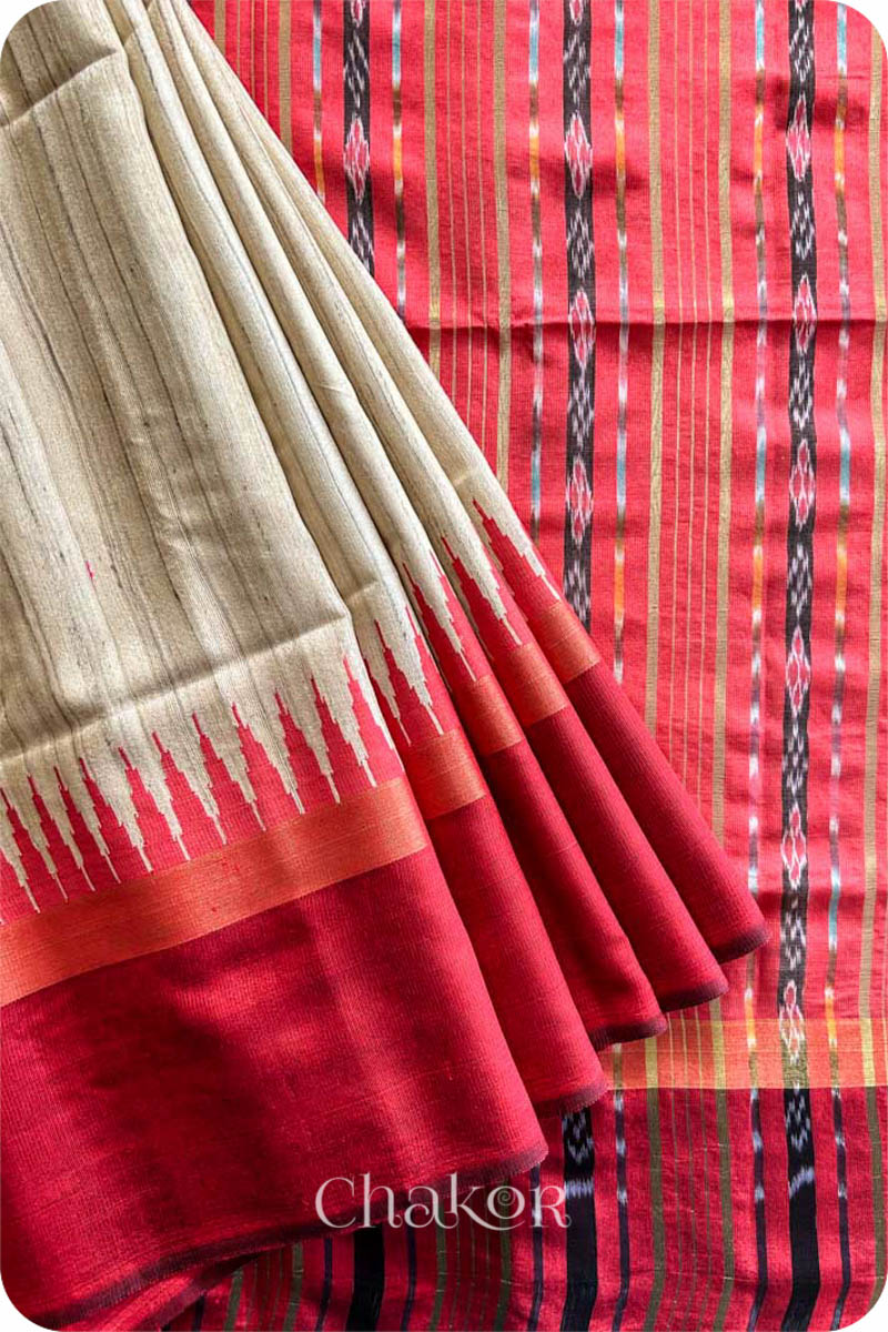 Shop Handwoven Natural Red Tussar Khadi Silk Saree For Women 2200401 thechakorshop