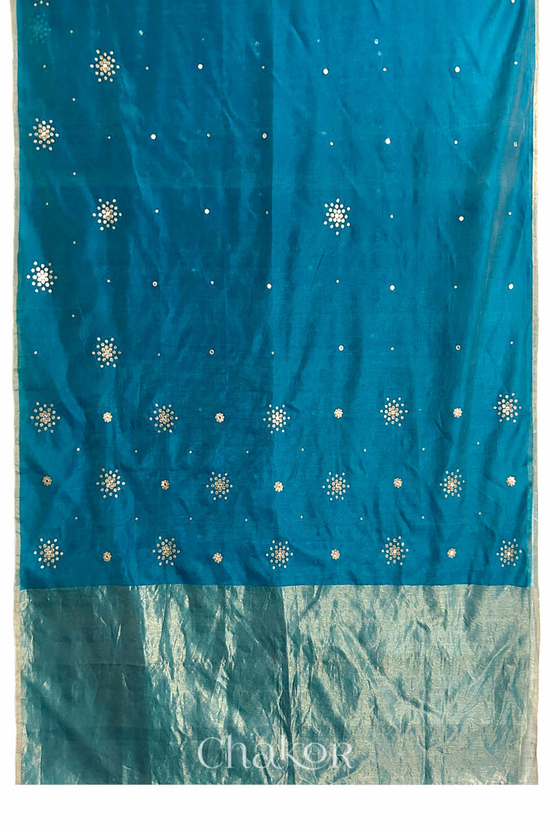 Chakor's Traditional Peacock Blue Chanderi silk cotton saree with sequins embroidery.