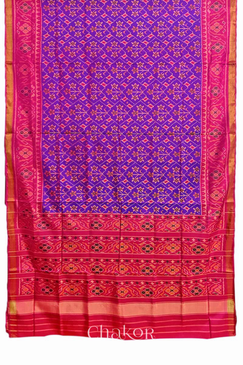 Full view of Handloom Purple Pink Ikat Patola Mulberry Silk Saree with traditional design.
