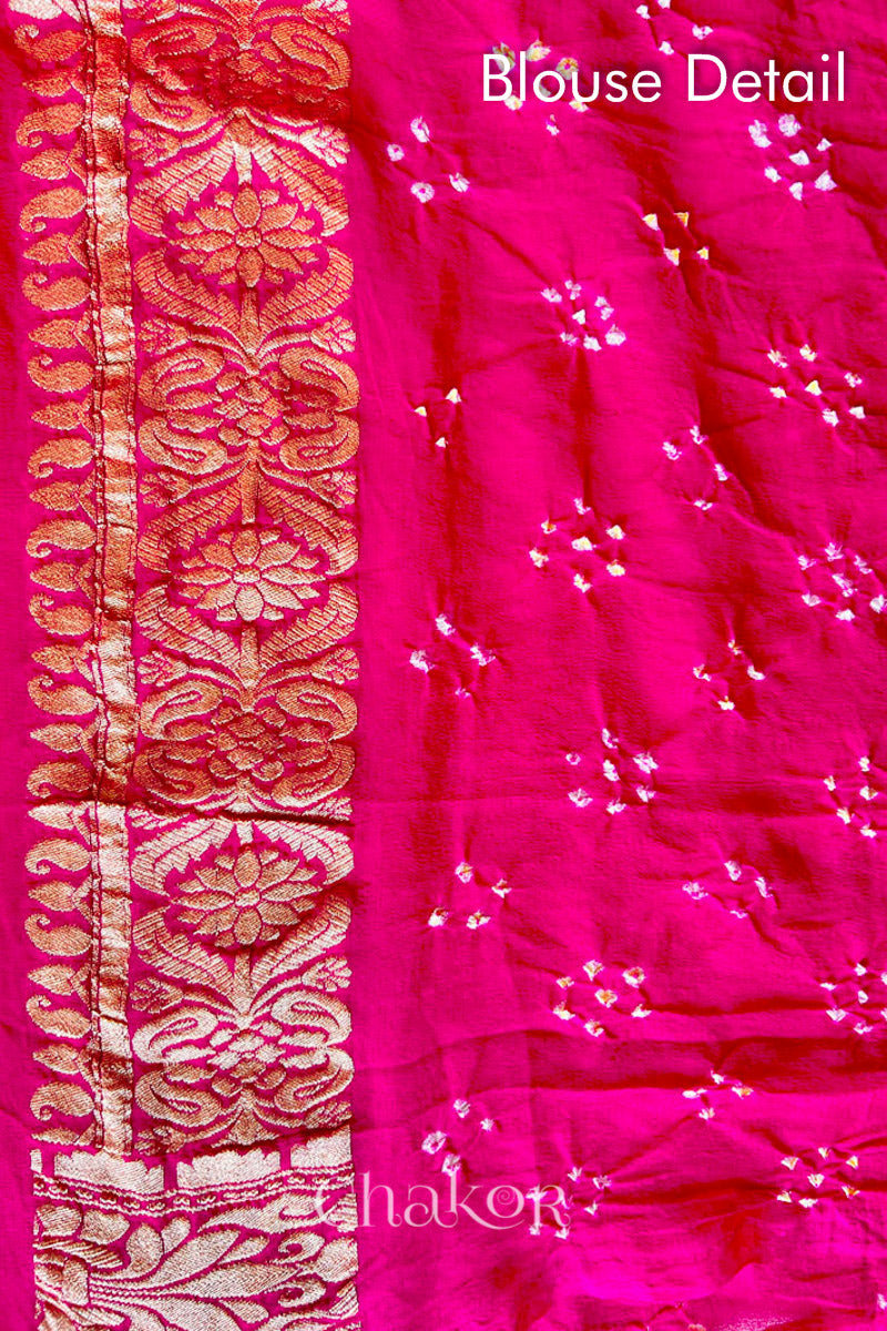 Chakor's traditional Peach Pink banarasi silk bandhej handloom saree with Mukaish embroidery - blouse detail