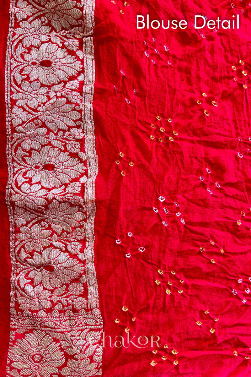 Chakor's traditional Orange Red banarasi silk bandhej handloom saree with Mukaish embroidery - blouse detail