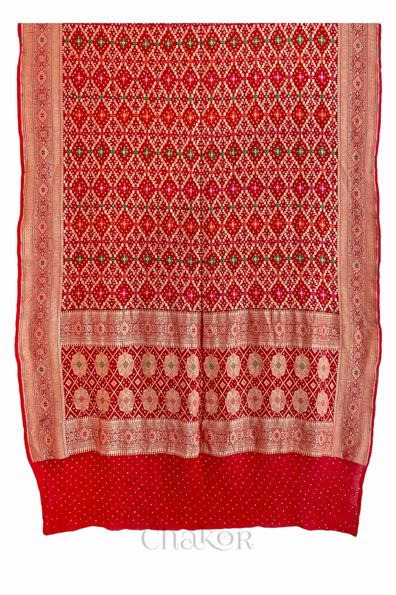 Chakor's Traditional Red Bandhani Banarasi Georgette Silk Dupatta embellished with mukaish work.
