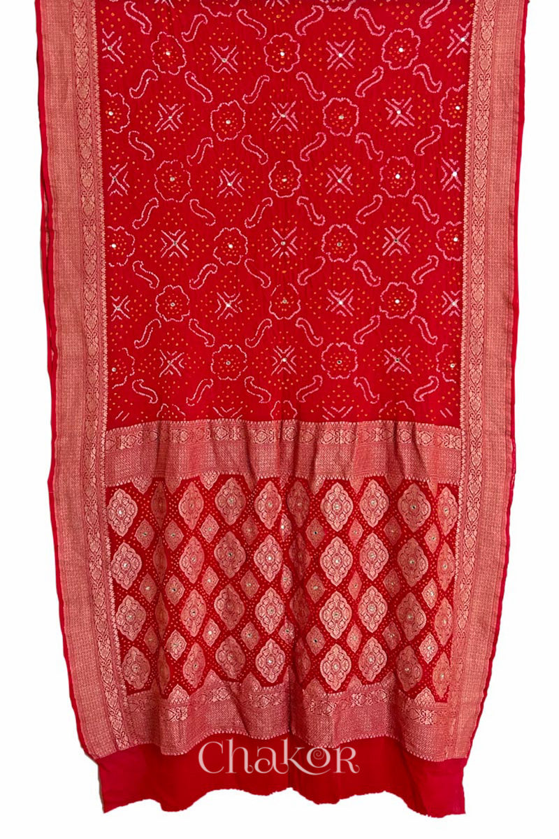 Chakor's traditional auspicious Red banarasi silk bandhej handloom saree with mirror embroidery