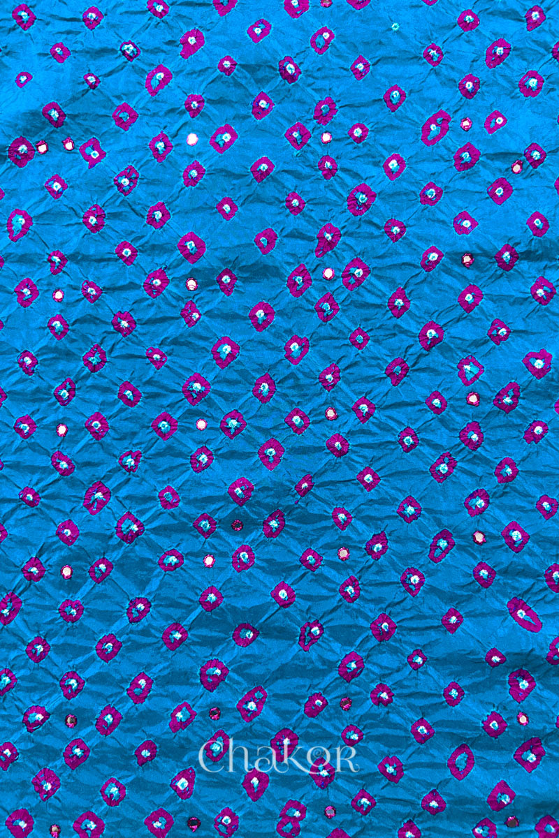 Peacock Blue Bandhani Mulberry Silk Embroidered Blouse Fabric