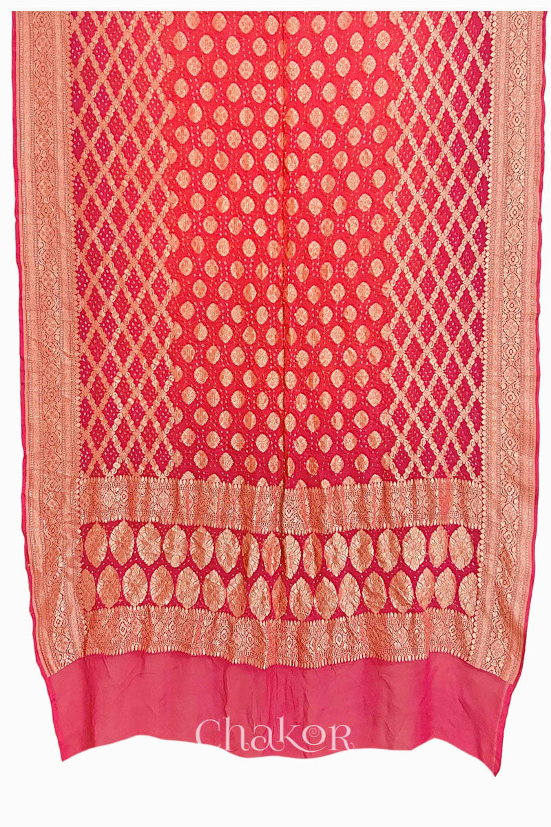 Chakor's Traditional Coral Pink shaded Bandhani Banarasi Georgette Silk Dupatta.