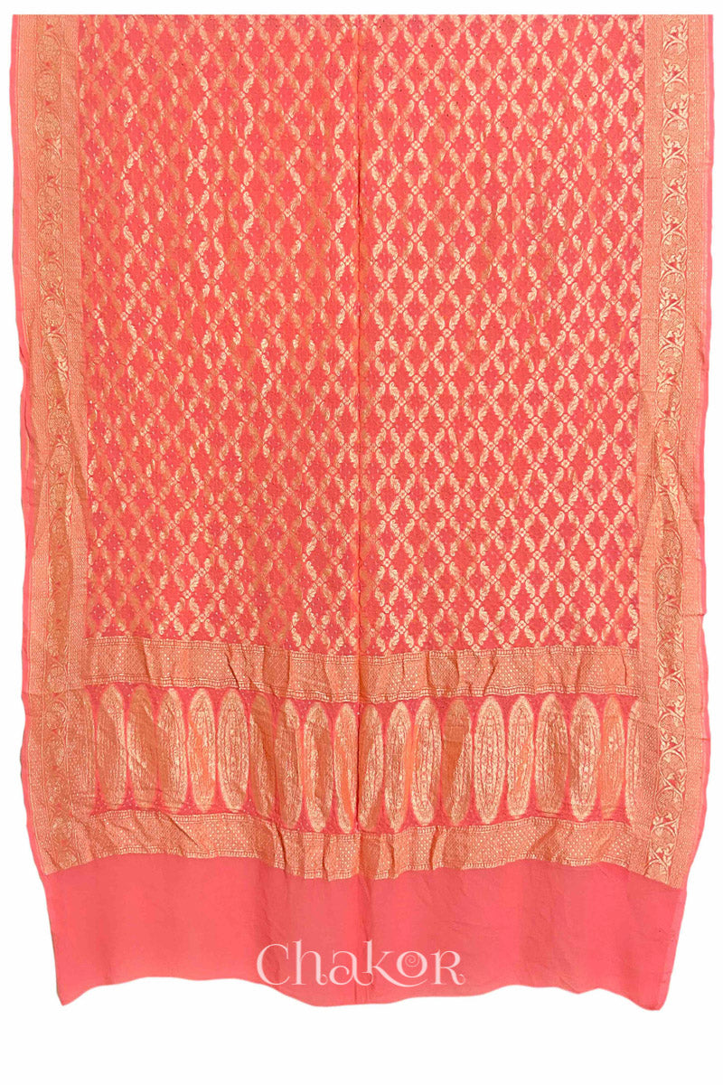 Chakor's Traditional Peach Bandhani Banarasi Georgette Silk Dupatta.