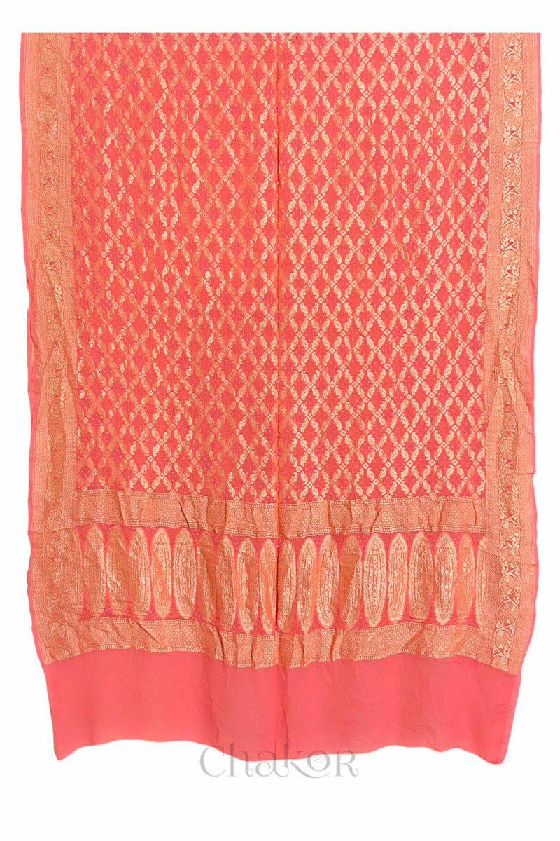 Chakor's Traditional Peach Bandhani Banarasi Georgette Silk Dupatta.