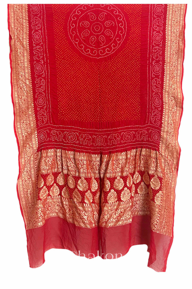 Chakor's Traditional Red Bandhani Banarasi Georgette Silk Dupatta.