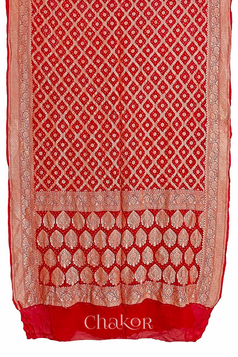 Chakor's traditional auspicious Red banarasi silk bandhej handloom saree