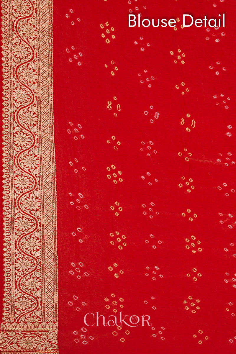 Chakor's Handcrafted Red Bandhani Banarasi Georgette Silk Saree featuring zari weaving and Kutch rai bandhej.