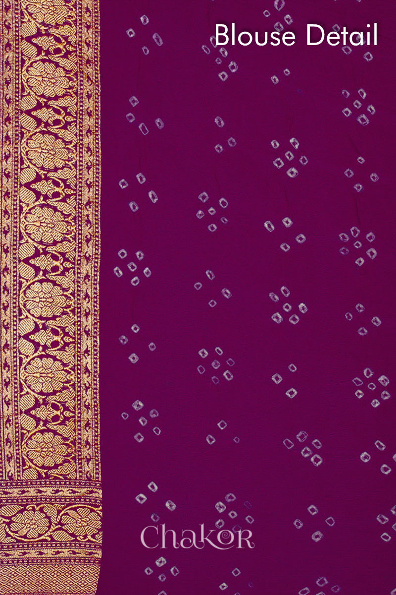 Close up of Handcrafted Purple Bandhani Banarasi Georgette Saree in pure silk featuring zari weaving and Kutch Bandhej for weddings and occasions.