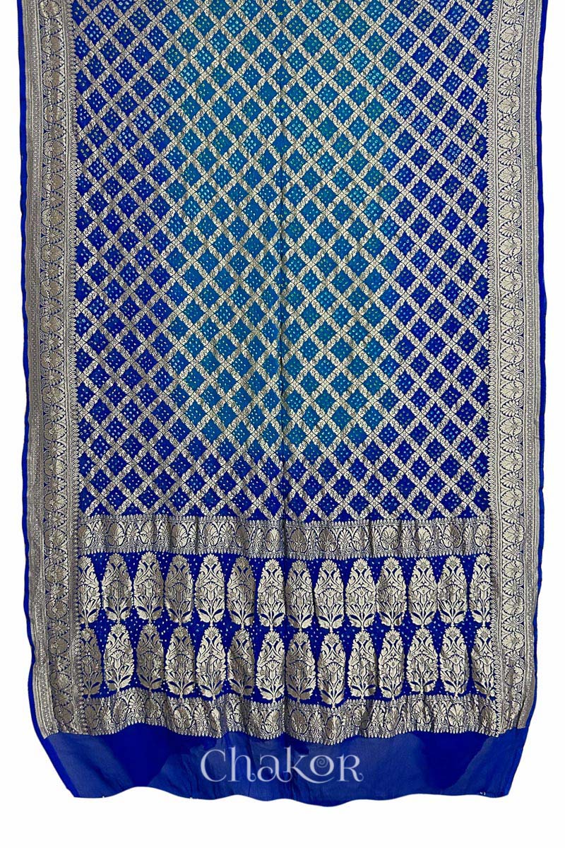 Chakor's traditional Peacock & Blue banarasi silk bandhej handloom saree