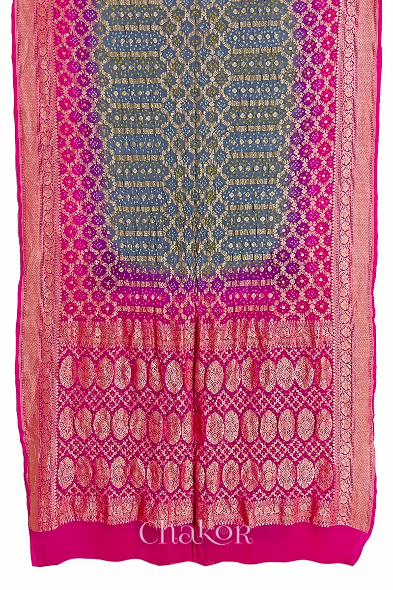 Chakor's traditional Grey Pink banarasi silk bandhej handloom saree