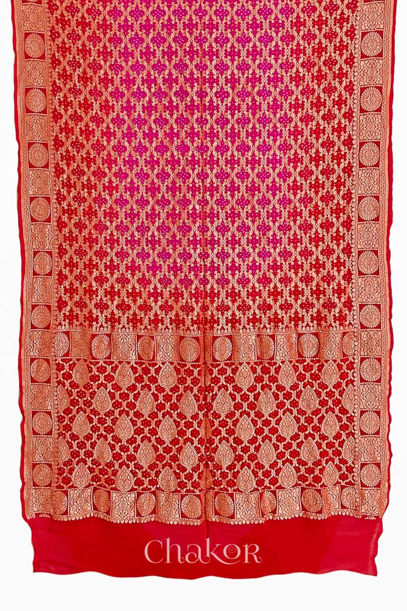 Chakor's traditional Pink Red Ombre banarasi silk bandhej handloom saree