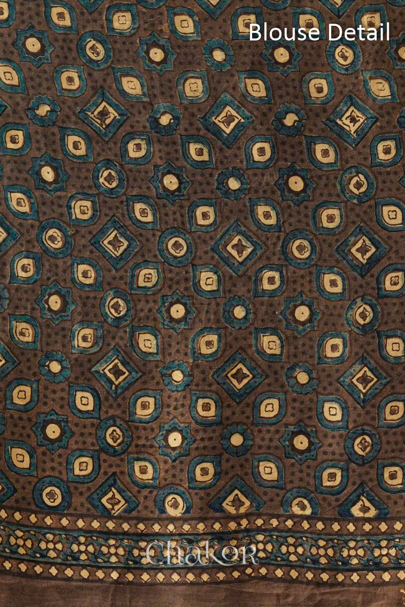 Peacock Blue Taupe Bandhani Ajrakh Silk Saree