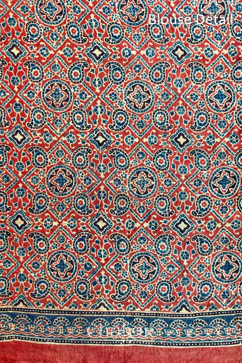 Blue Red Bandhani Ajrakh Silk Saree