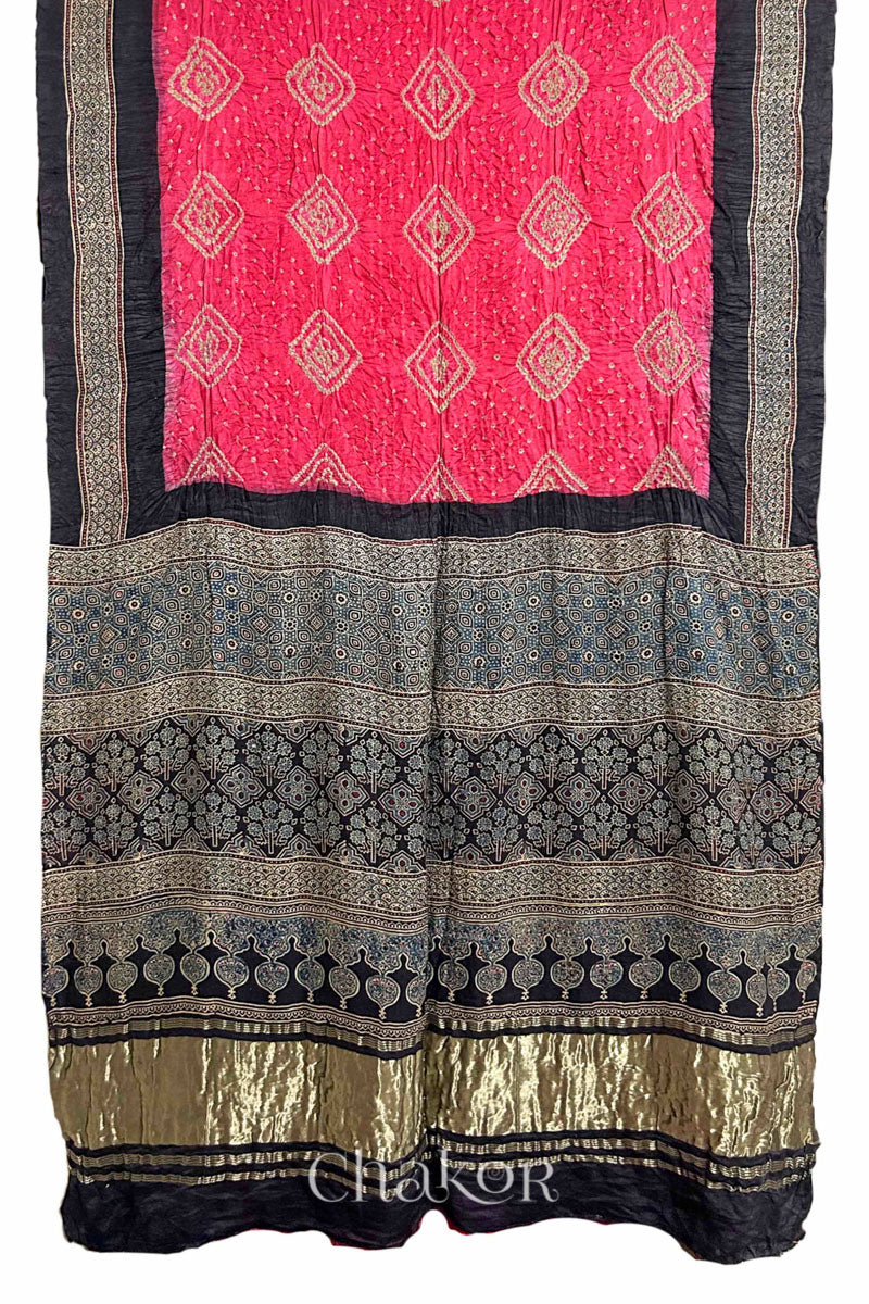 Coral Pink Black Bandhani Ajrakh Silk Saree