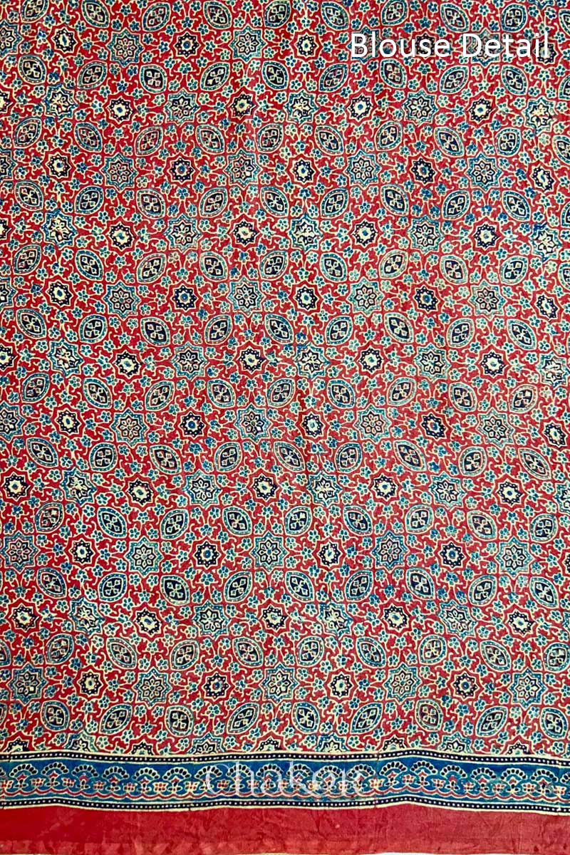 Navy Red Bandhani Ajrakh Silk Saree