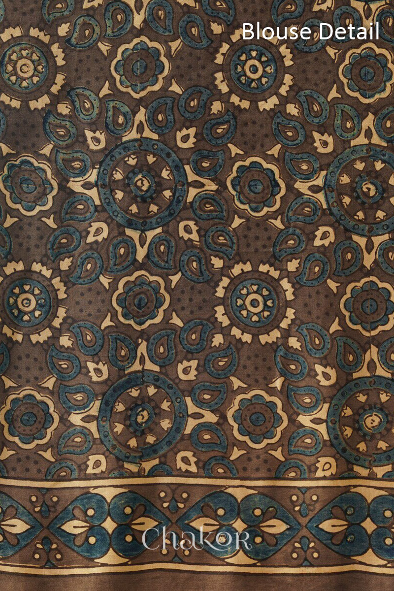 Parrot Green Taupe Bandhani Ajrakh Silk Saree