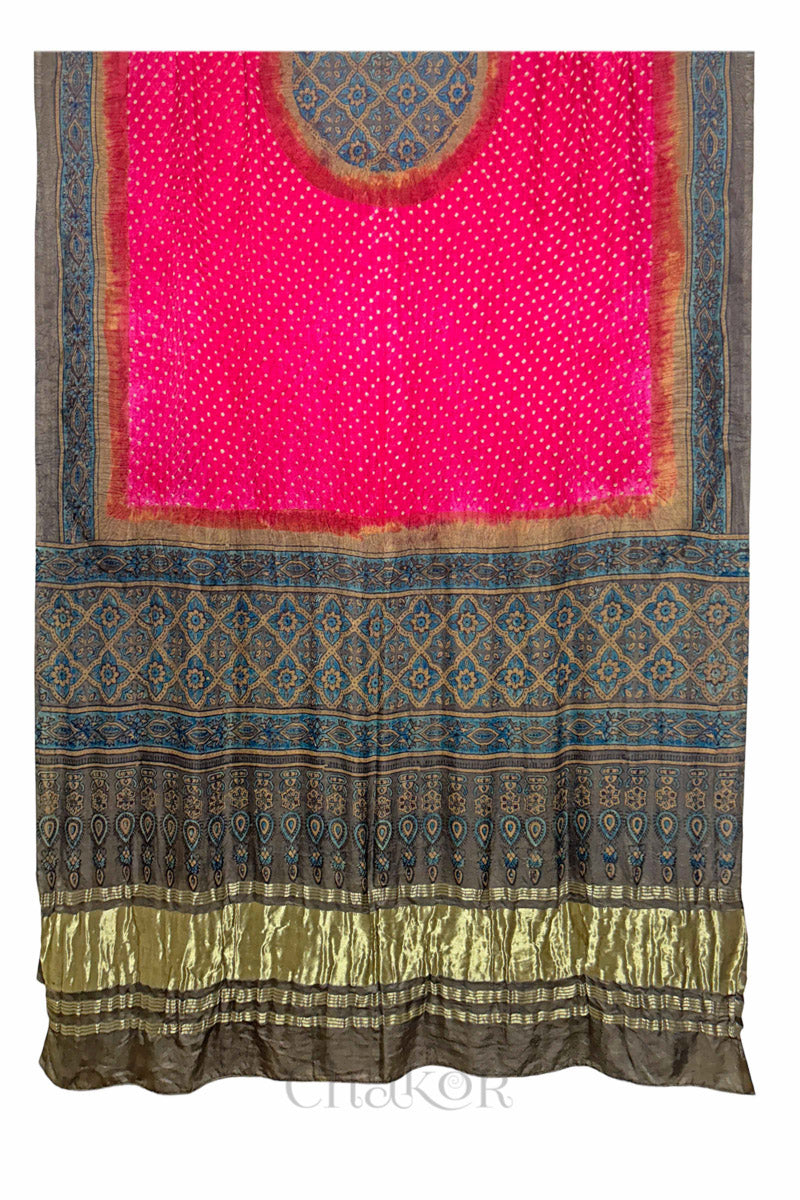 Coral Pink Ochre Bandhani Ajrakh Gaji Silk Dupatta in Traditional Design for Women's ethnicwear online by Chakor.