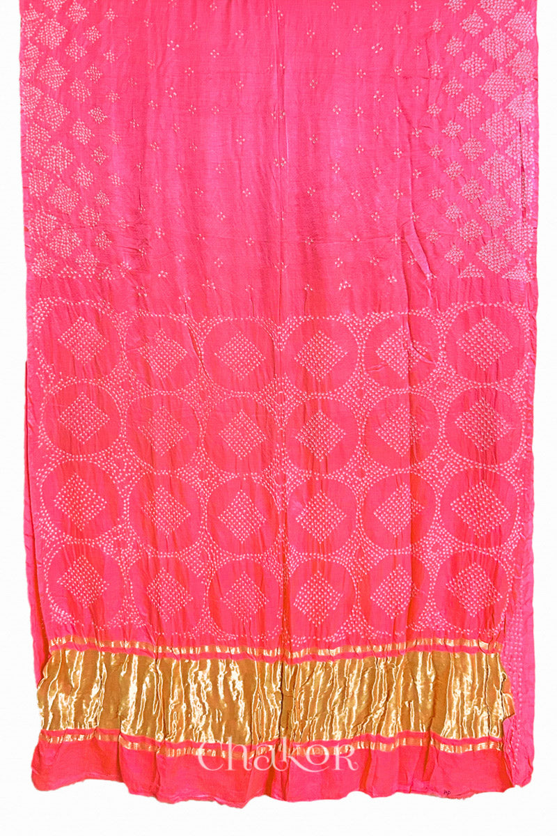 Chakor's Coral Pink Traditional Bandhani Gaji Silk Saree.