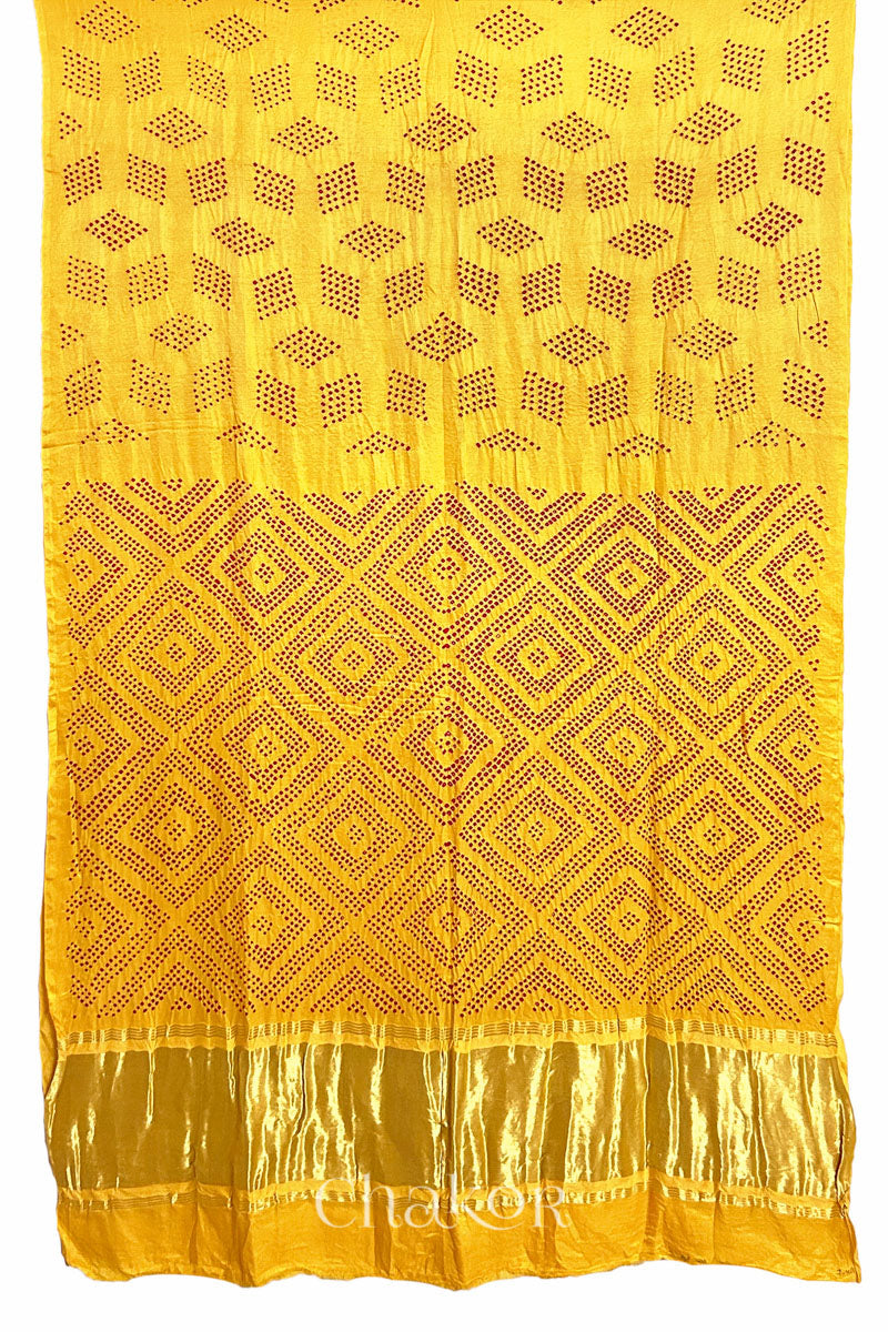 Chakor Yellow Red Traditional Bandhani Gaji Silk Saree.